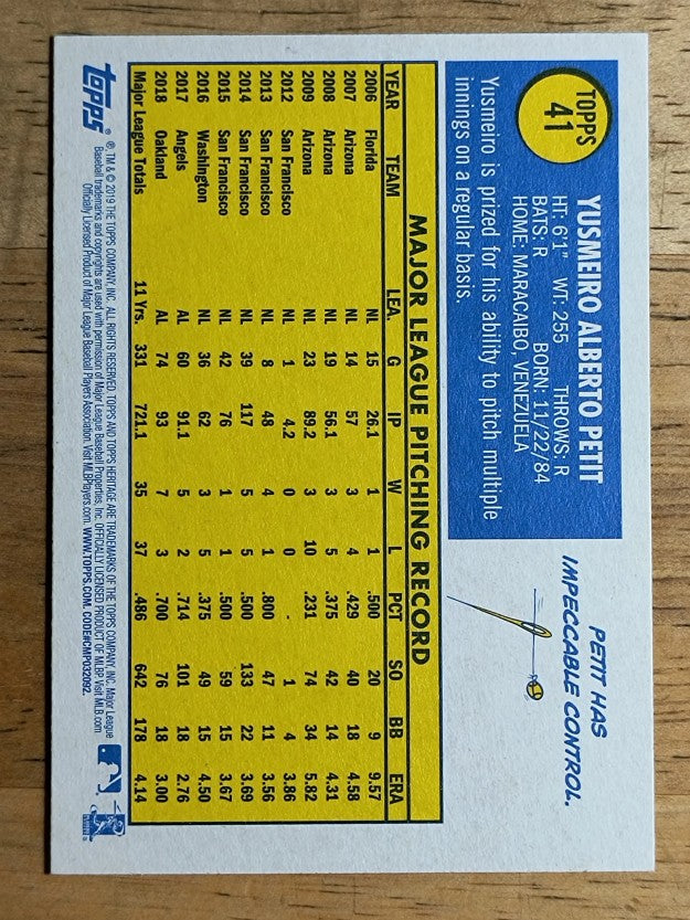 2019 Topps Heritage #41 Yusmeiro Petit