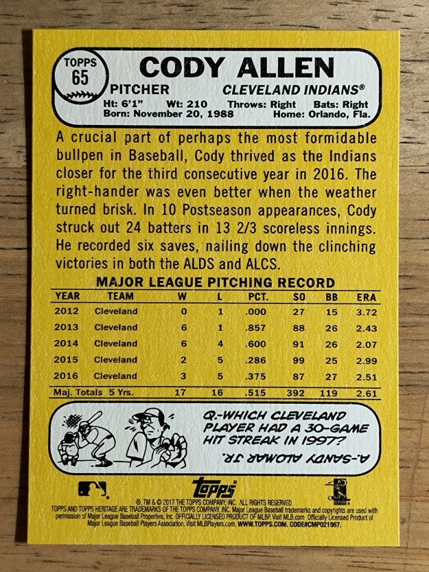2017 Topps Heritage #65 Cody Allen