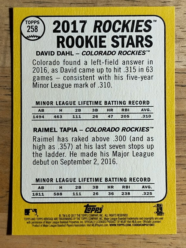 2017 Topps Heritage #258 Raimel Tapia RC/David Dahl RC