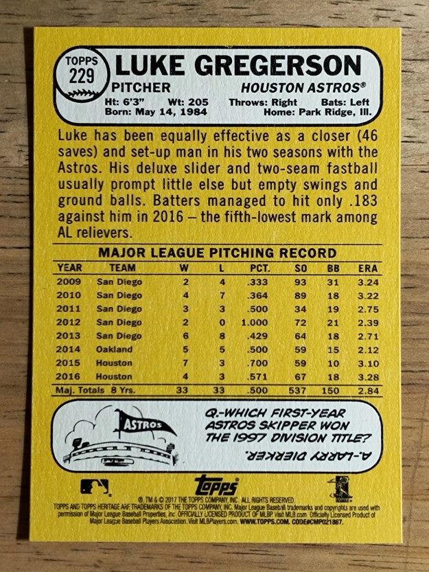2017 Topps Heritage #229 Luke Gregerson