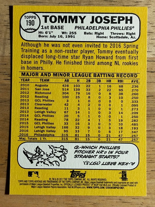 2017 Topps Heritage #190 Tommy Joseph