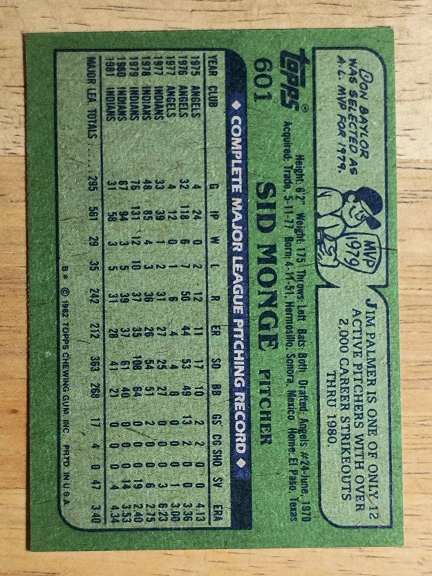 1982 Topps #601 Sid Monge