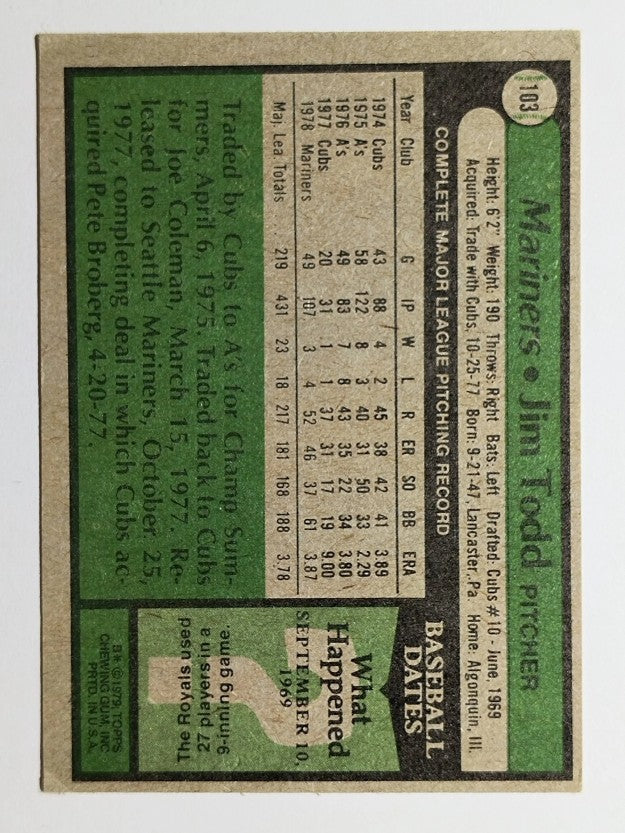 1979 Topps #103 Jim Todd (VGEX)