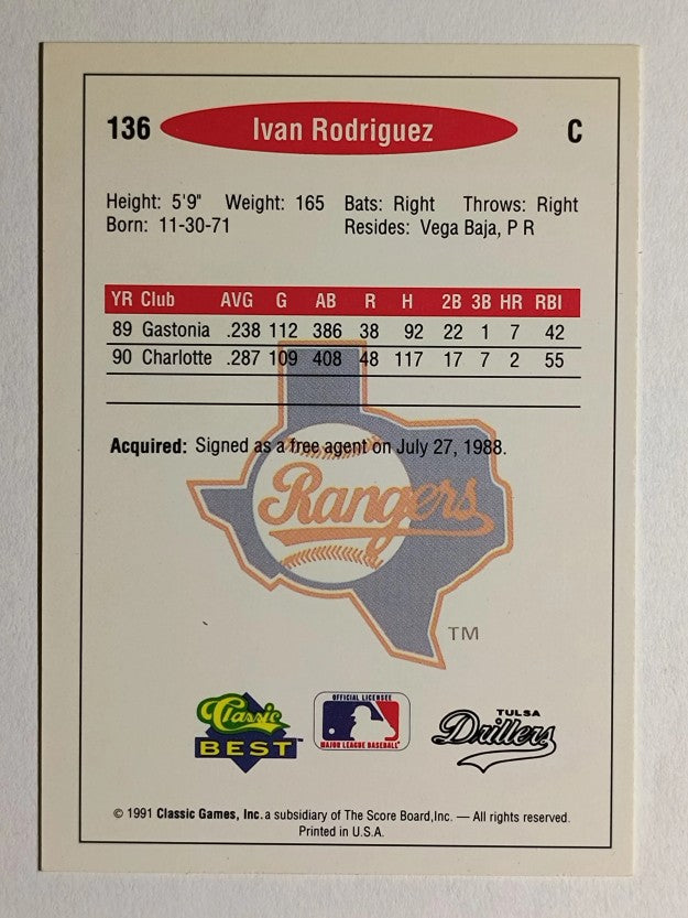 1991 Classic/Best #136 Ivan Rodriguez