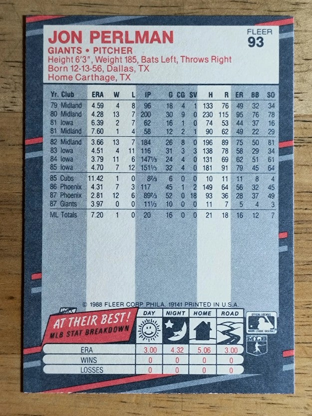 1988 Fleer #93 Jon Perlman RC