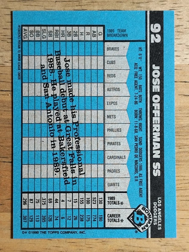 1990 Bowman #92 Jose Offerman RC