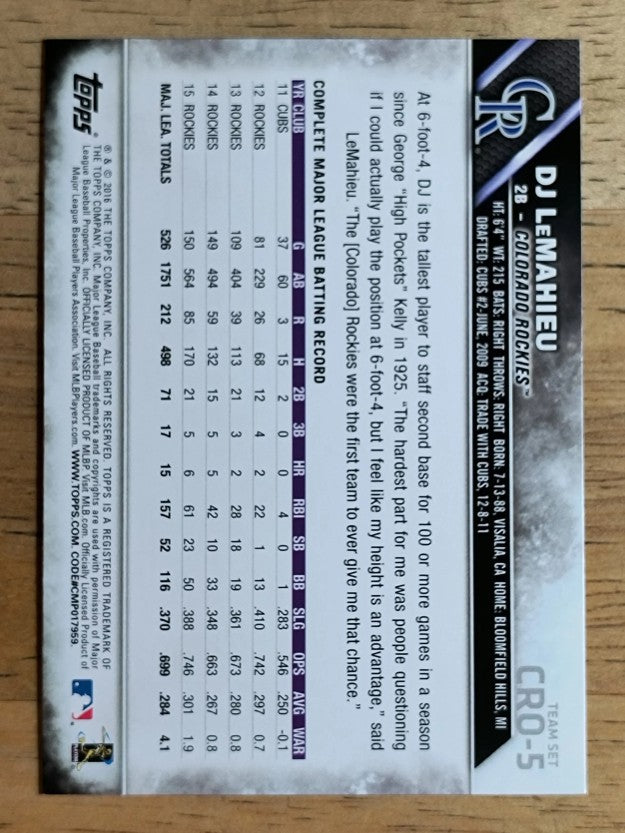 2016 Rockies Topps #COL5 DJ LeMahieu
