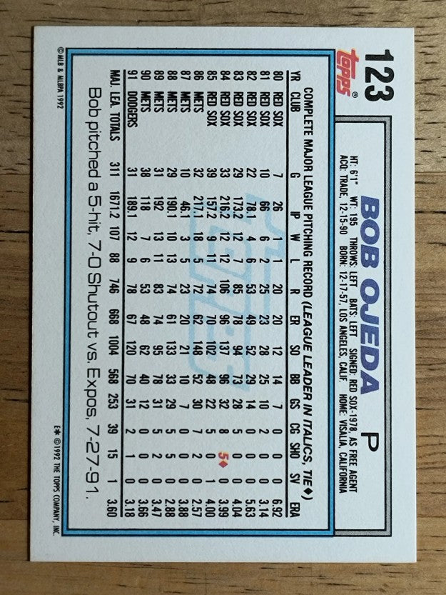 1992 Topps #123 Bob Ojeda