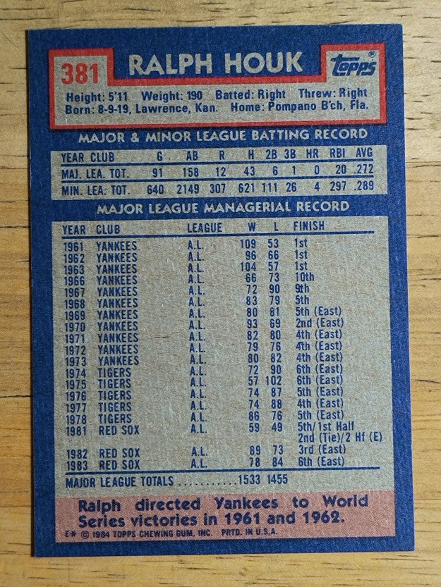 1984 Topps #381 Ralph Houk MG
