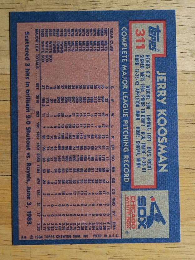 1984 Topps #311 Jerry Koosman