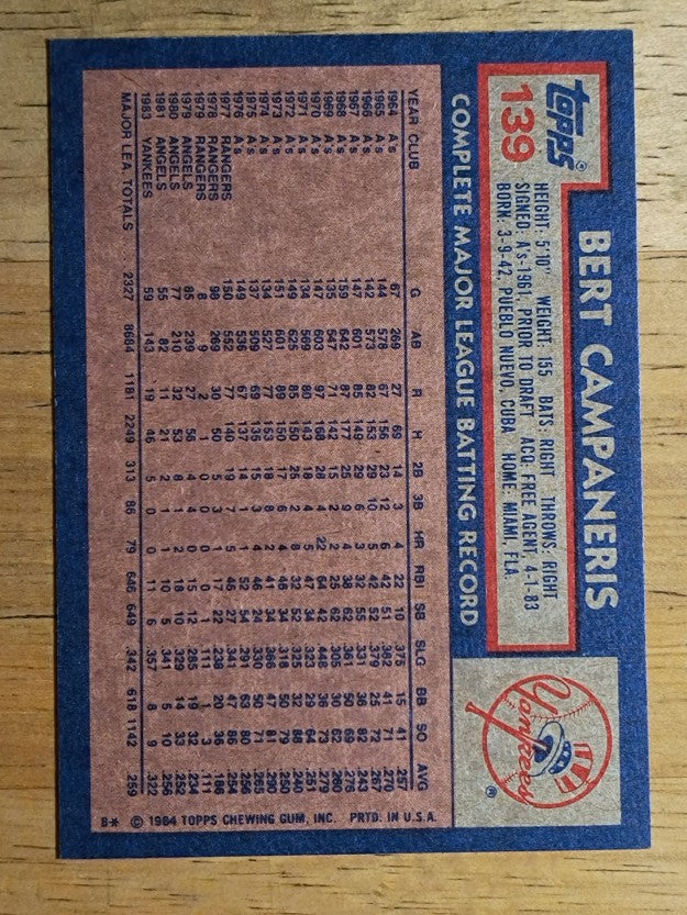 1984 Topps #139 Bert Campaneris