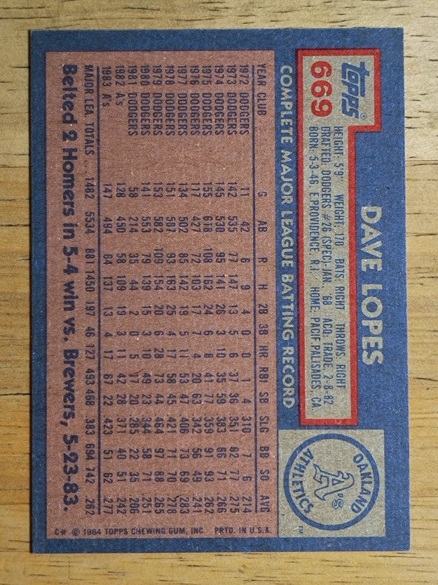 1984 Topps #669 Dave Lopes