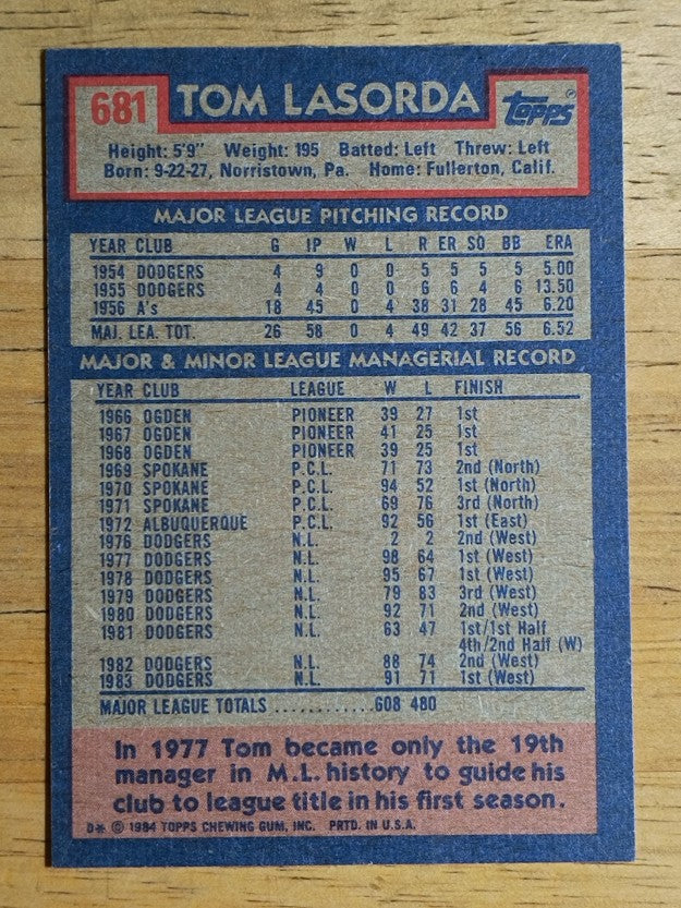 1984 Topps #681 Tom Lasorda MG