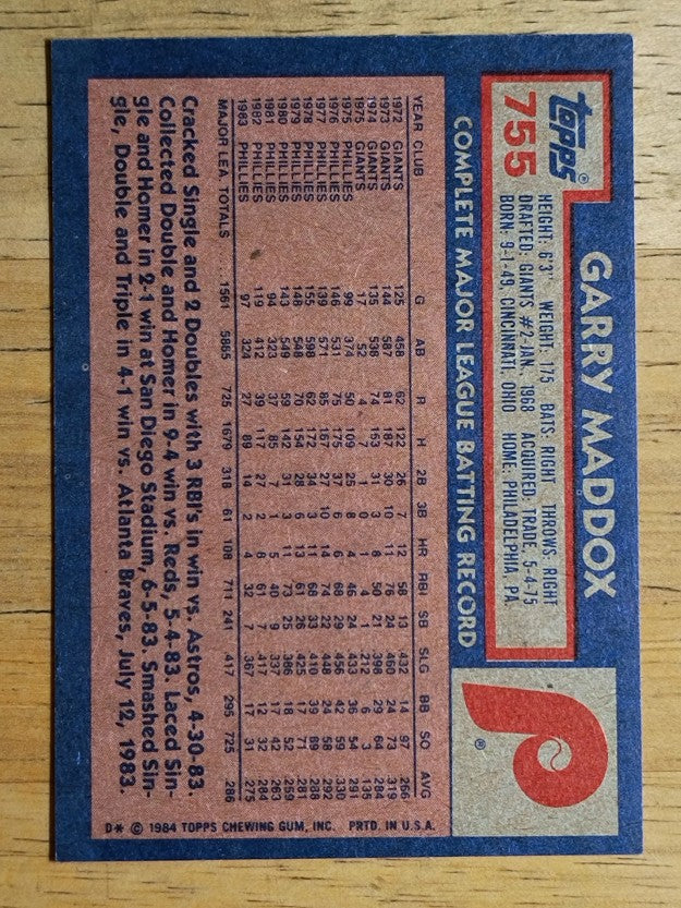 1984 Topps #755 Garry Maddox