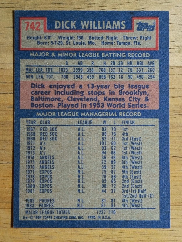 1984 Topps #742 Dick Williams MG