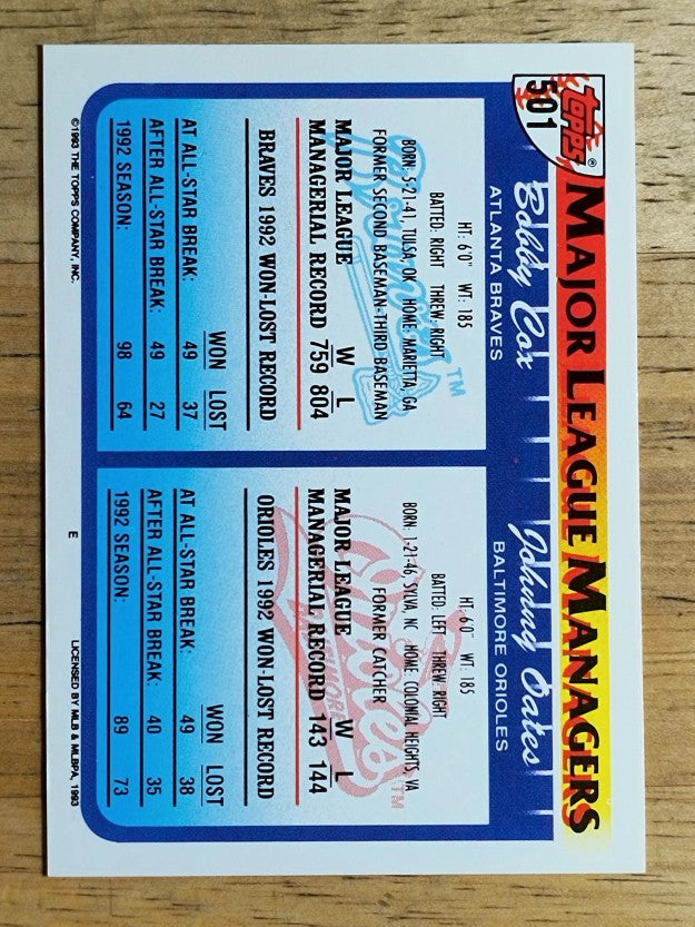 1993 Topps #501 Johnny Oates MG/Bobby Cox MG