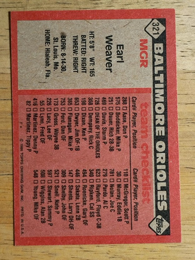 1986 Topps #321 Earl Weaver MG