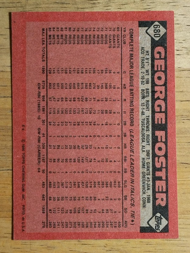 1986 Topps #680 George Foster