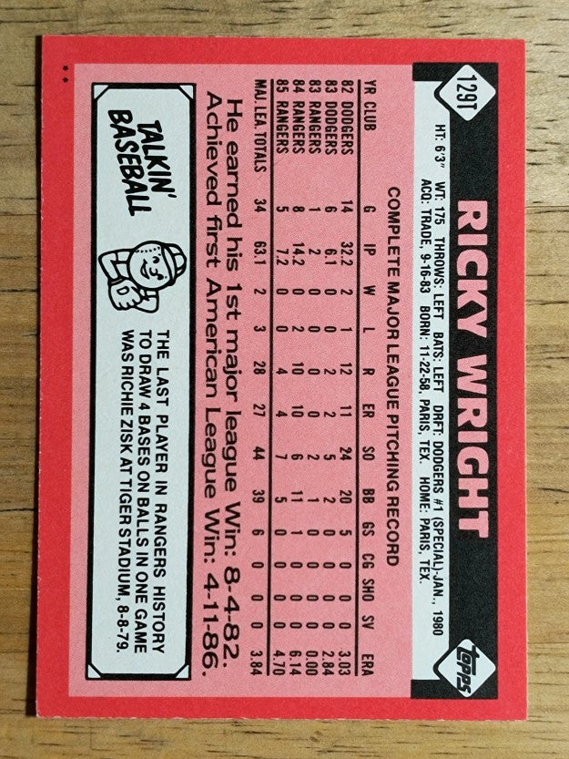 1986 Topps Traded #129T Ricky Wright