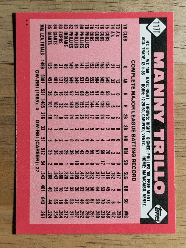 1986 Topps Traded #117T Manny Trillo