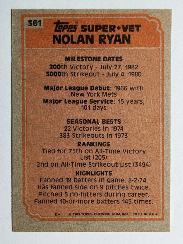 1983 Topps #361 Nolan Ryan SV