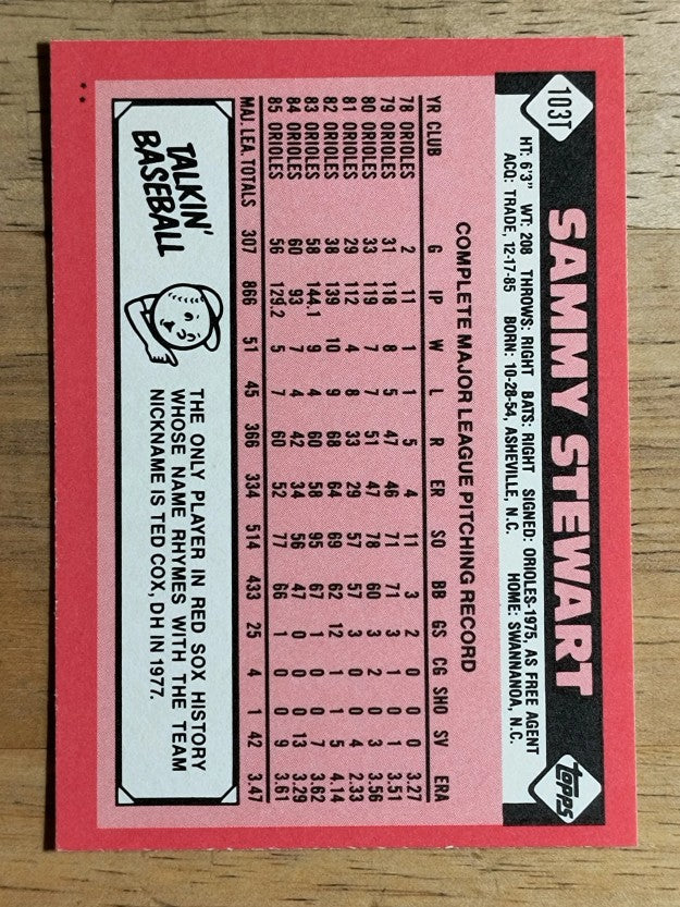1986 Topps Traded #103T Sammy Stewart