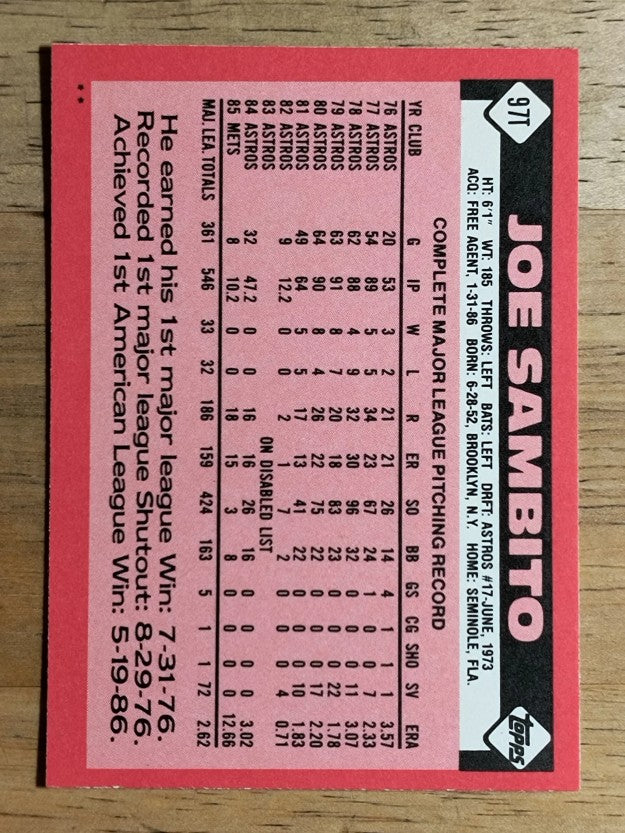 1986 Topps Traded #97T Joe Sambito