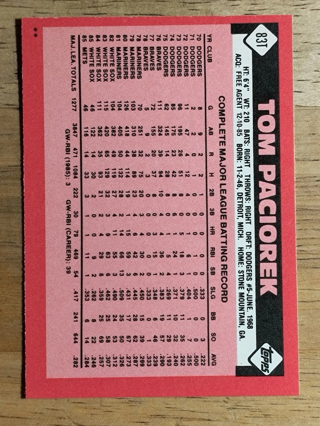 1986 Topps Traded #83T Tom Paciorek