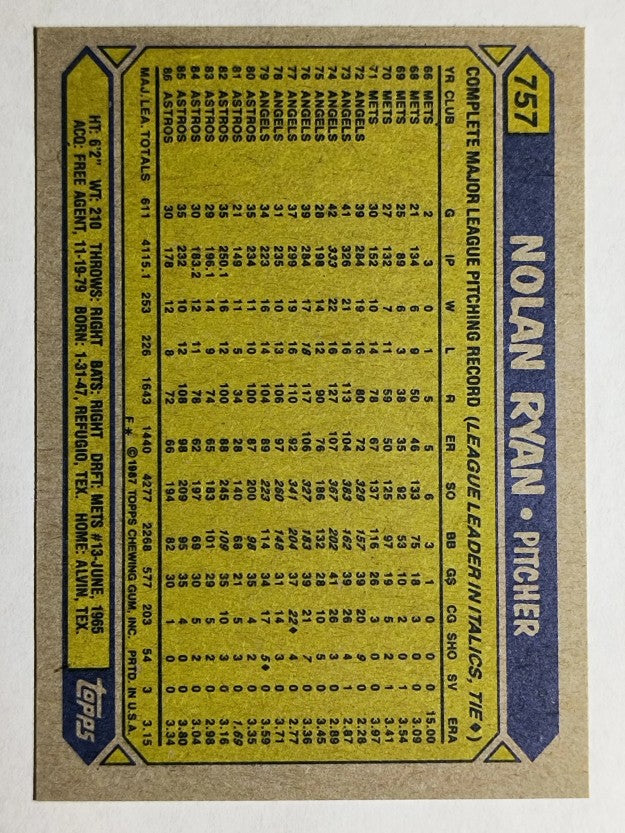 1987 Topps #757 Nolan Ryan