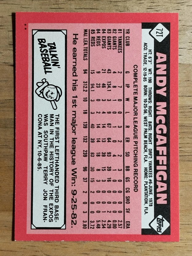 1986 Topps Traded #72T Andy McGaffigan