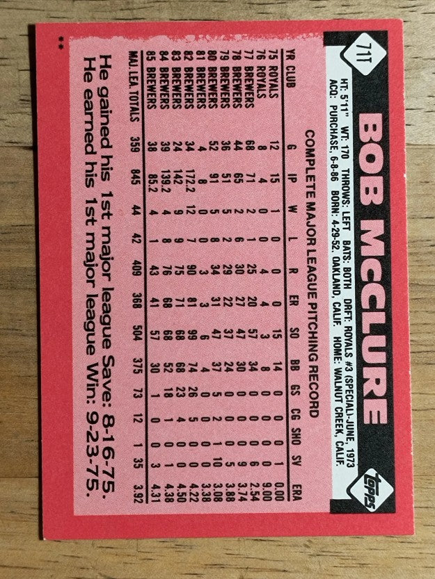1986 Topps Traded #71T Bob McClure