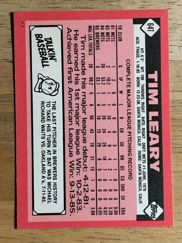 1986 Topps Traded #64T Tim Leary