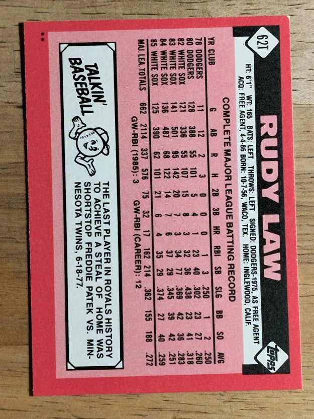 1986 Topps Traded #62T Rudy Law