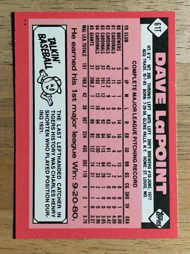 1986 Topps Traded #61T Dave LaPoint