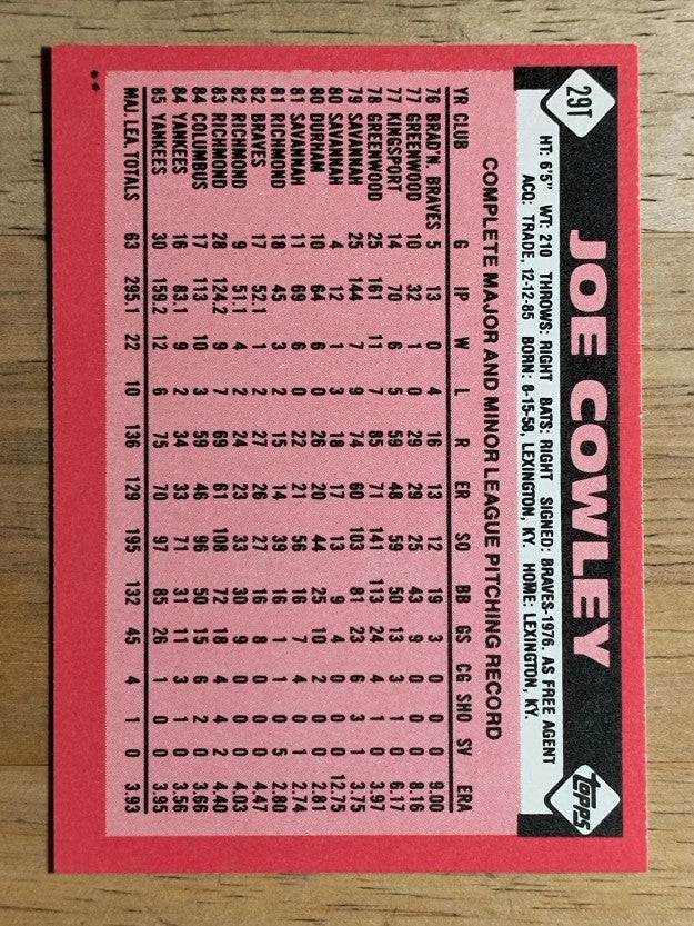 1986 Topps Traded #29T Joe Cowley