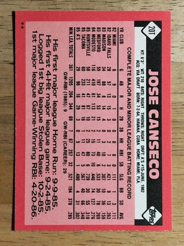 1986 Topps Traded #20T Jose Canseco XRC