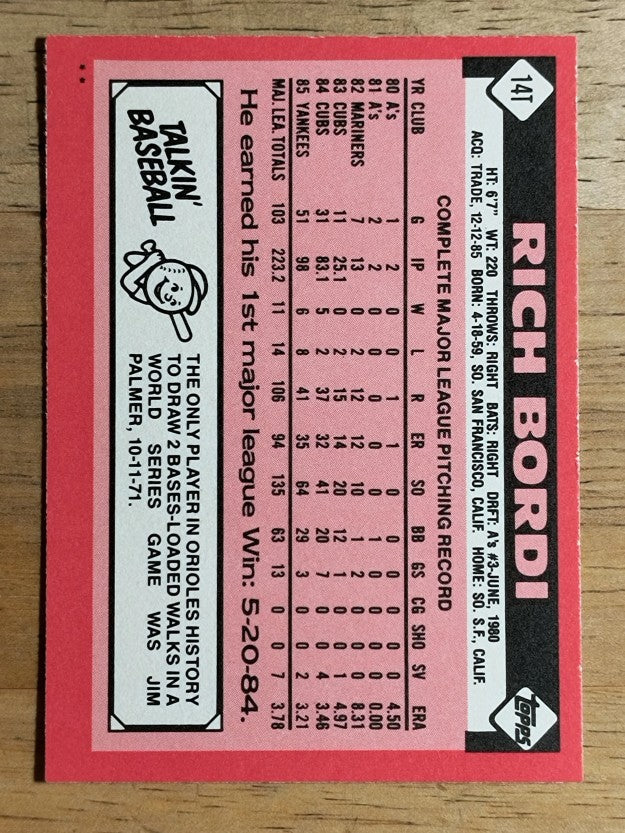 1986 Topps Traded #14T Rich Bordi