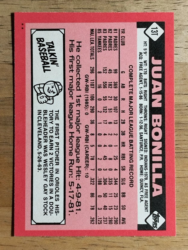 1986 Topps Traded #13T Juan Bonilla