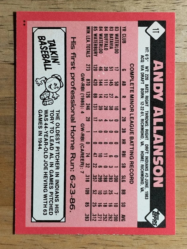 1986 Topps Traded #1T Andy Allanson XRC
