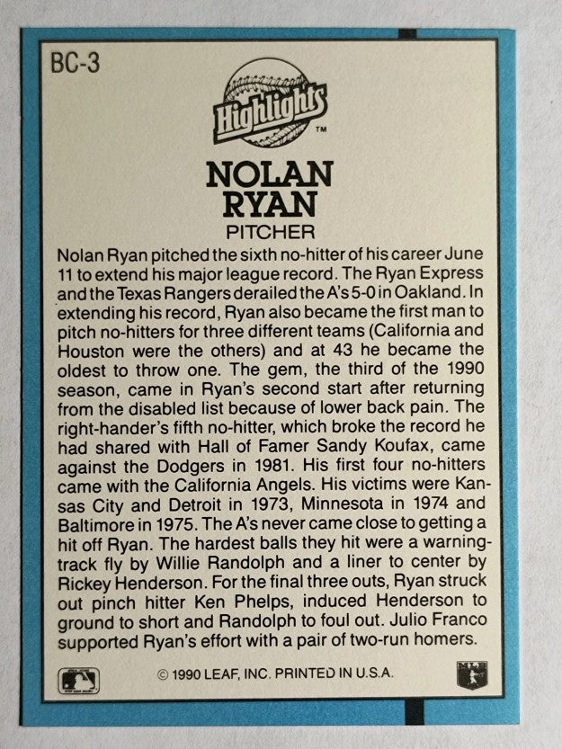 1991 Donruss Bonus Cards #BC3 Nolan Ryan NH