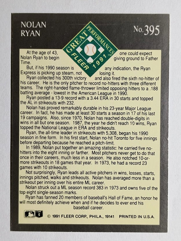 1991 Ultra #395 Nolan Ryan EP