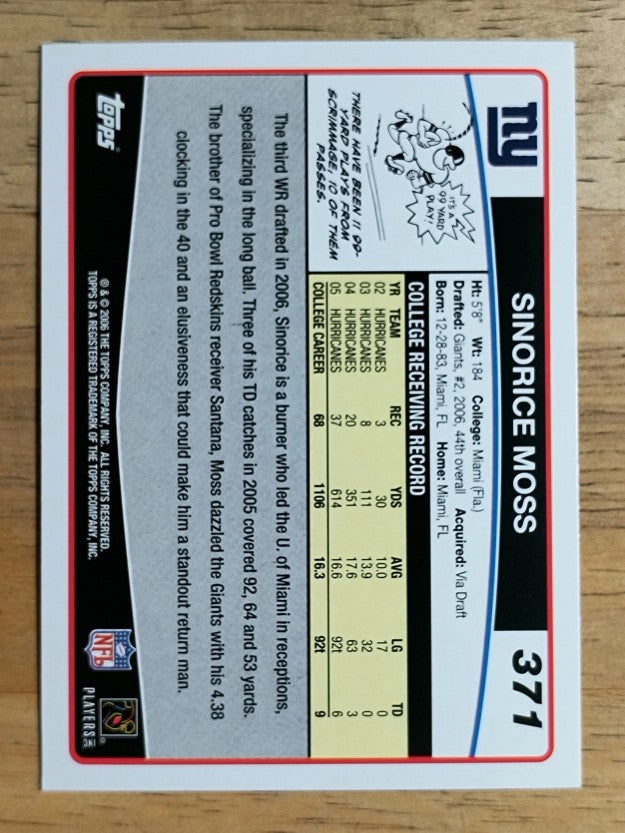 2006 Topps #371 Sinorice Moss RC