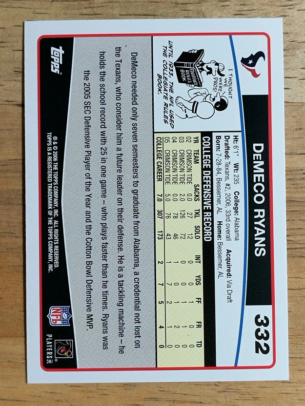 2006 Topps #332 DeMeco Ryans RC