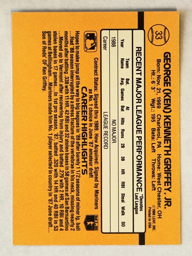 1989 Donruss #33 Ken Griffey Jr. RR RC