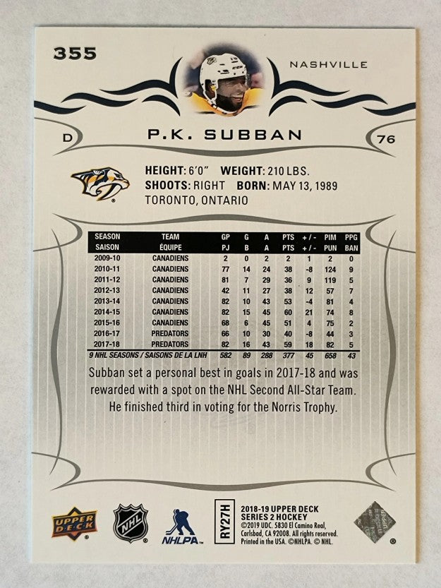 2018-19 Upper Deck #355 P.K. Subban