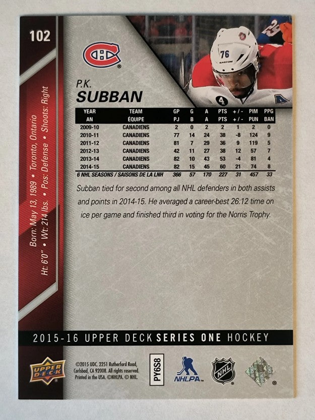 2015-16 Upper Deck #102 P.K. Subban