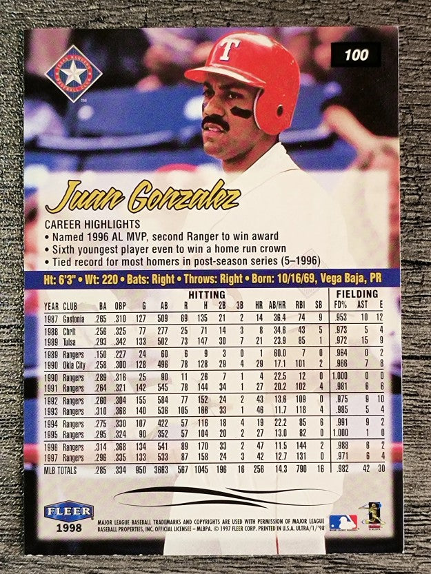 1998 Ultra #100 Juan Gonzalez