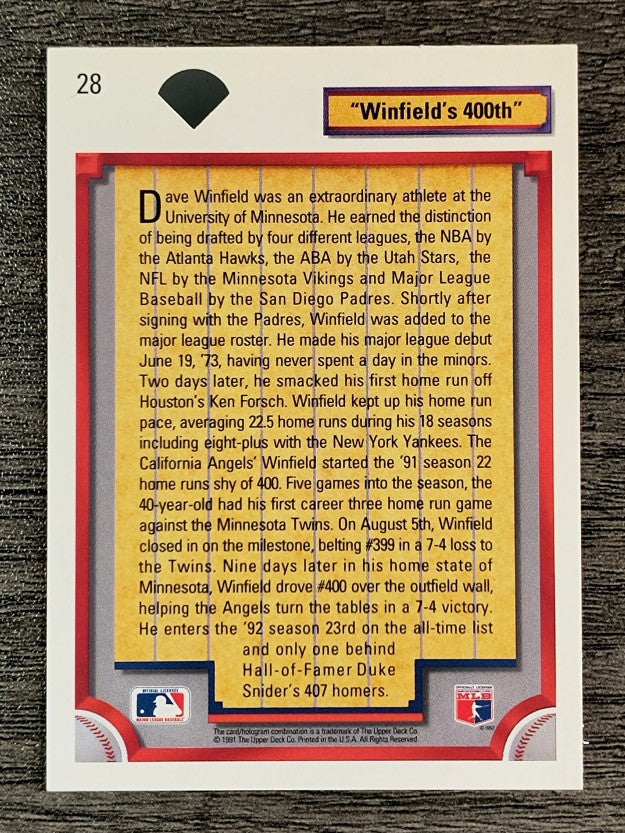 1992 Upper Deck #28 Dave Winfield's 400th