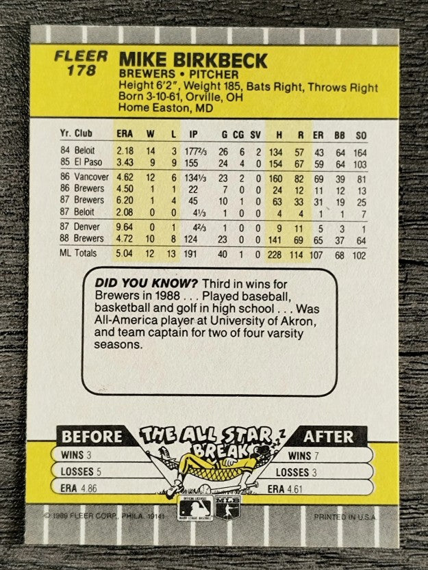 1989 Fleer #178 Mike Birkbeck