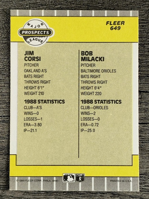 1989 Fleer #649 Jim Corsi/Bob Milacki